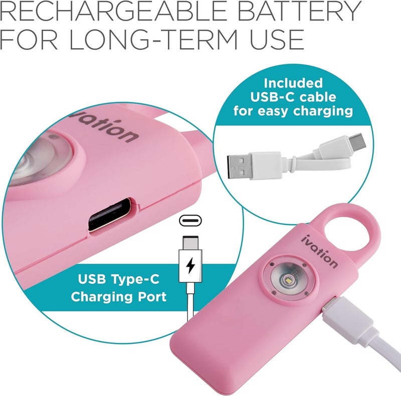 Ivation Personal Rechargeable SOS Alarm, Pocket Size Loud 130dB Sound Safety Siren & LED Panic Strobe Light with Carabiner Keychain Clip for Women, Children & Seniors, Pink - Image 3